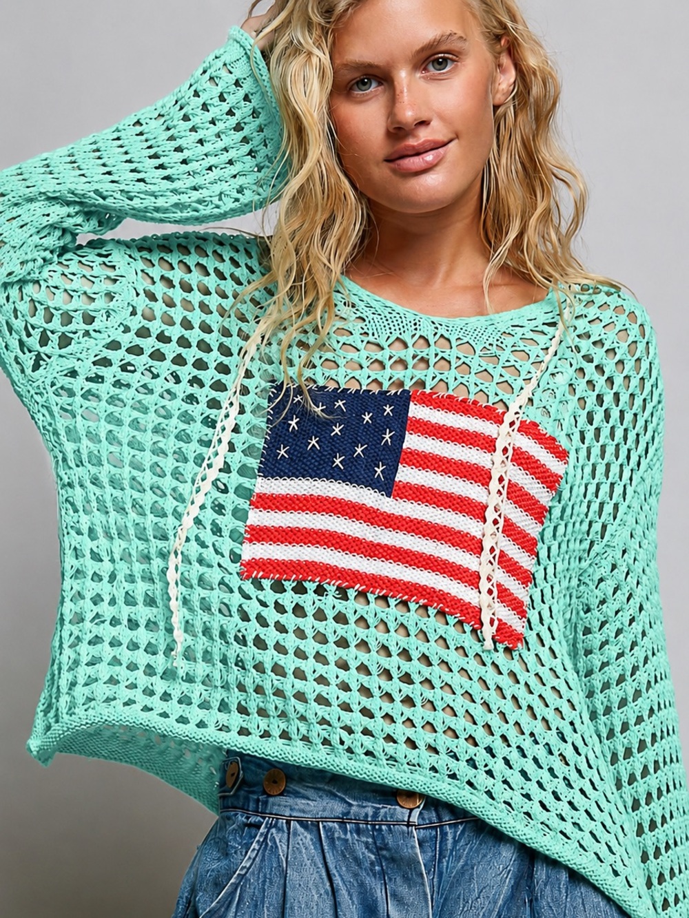 POL Mint Open-Knit Pullover with American Flag Patch Size Small